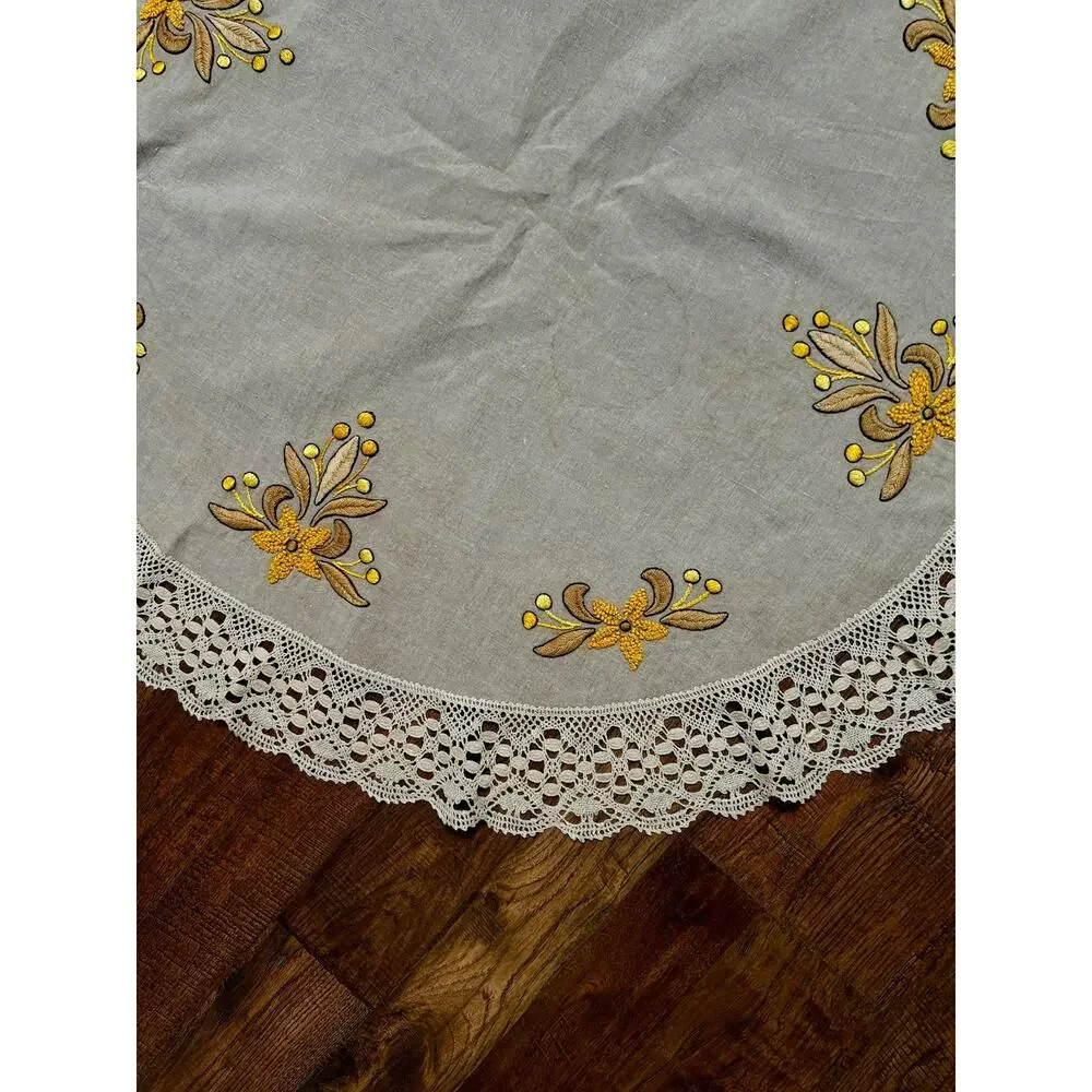 Vintage Circular Table Cover Harvest Yellow Embroidered Floral Crochet Lace Trim